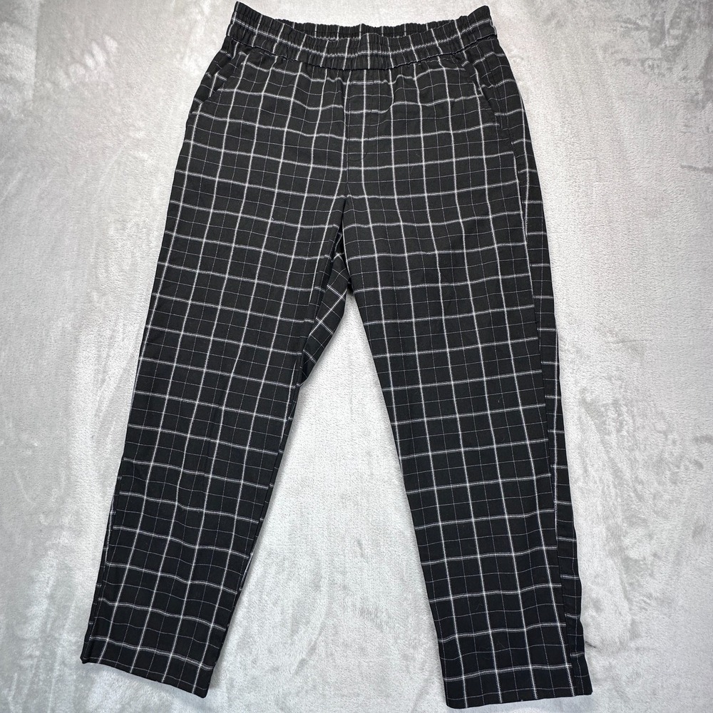 Gap Easy Pants Womens M Black White Plaid High Rise Elastic Waist Straight Leg